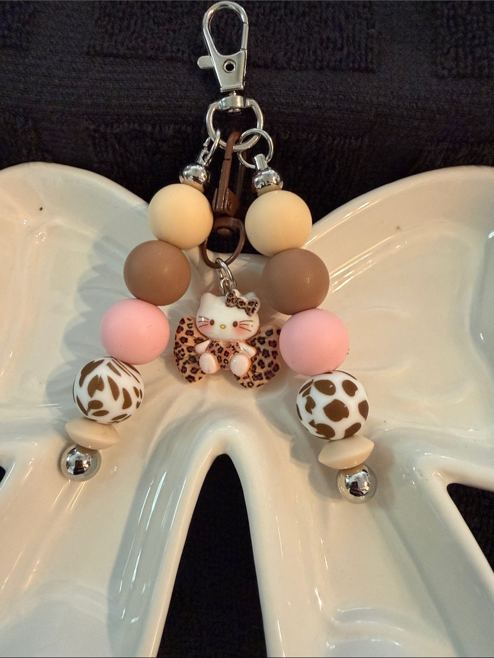 Leopard Cat Beaded Keychain for Kids - Pink & Brown
